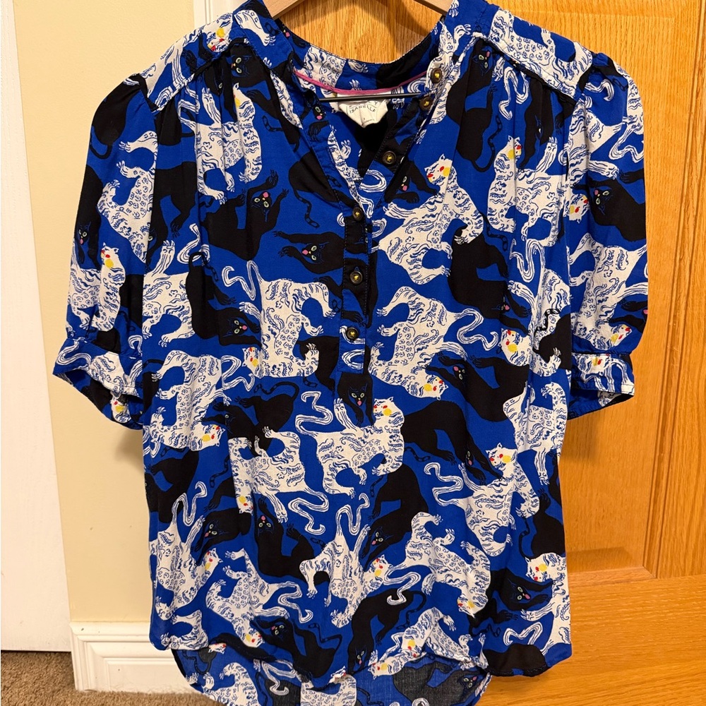 Anthropologie Emily Isabella Blue and Black Jaguar Top